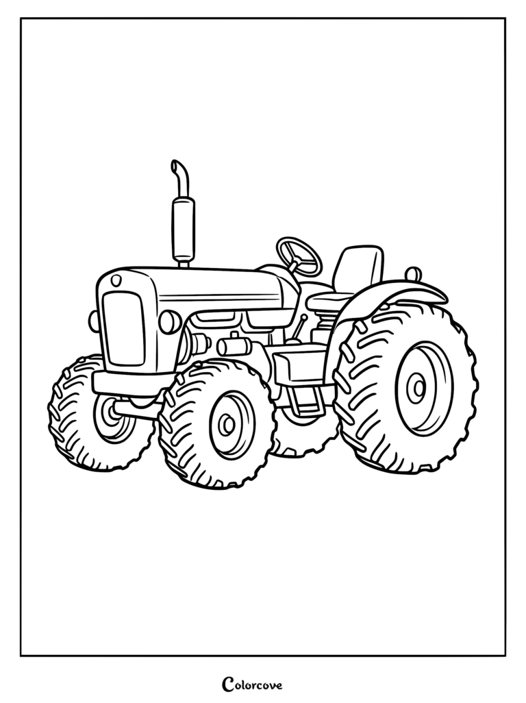 A simple line art coloring page featuring a classic farm tractor with large treaded tires and a vertical exhaust pipe.