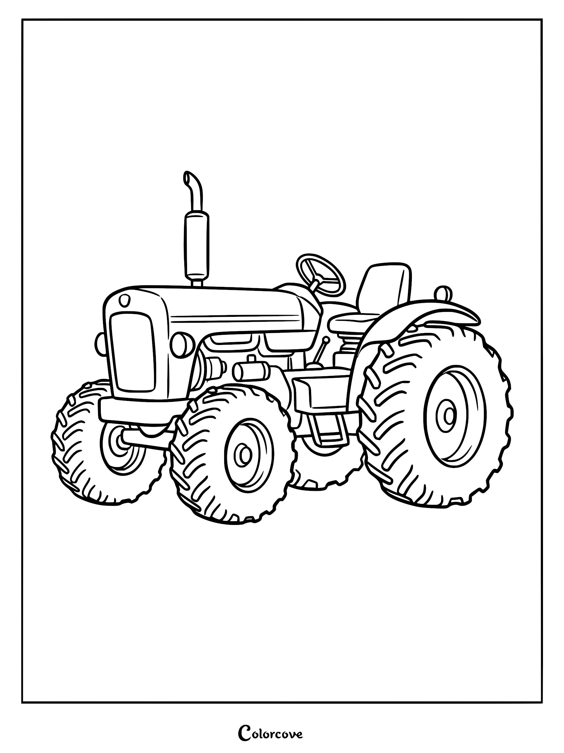 A simple line art coloring page featuring a classic farm tractor with large treaded tires and a vertical exhaust pipe.