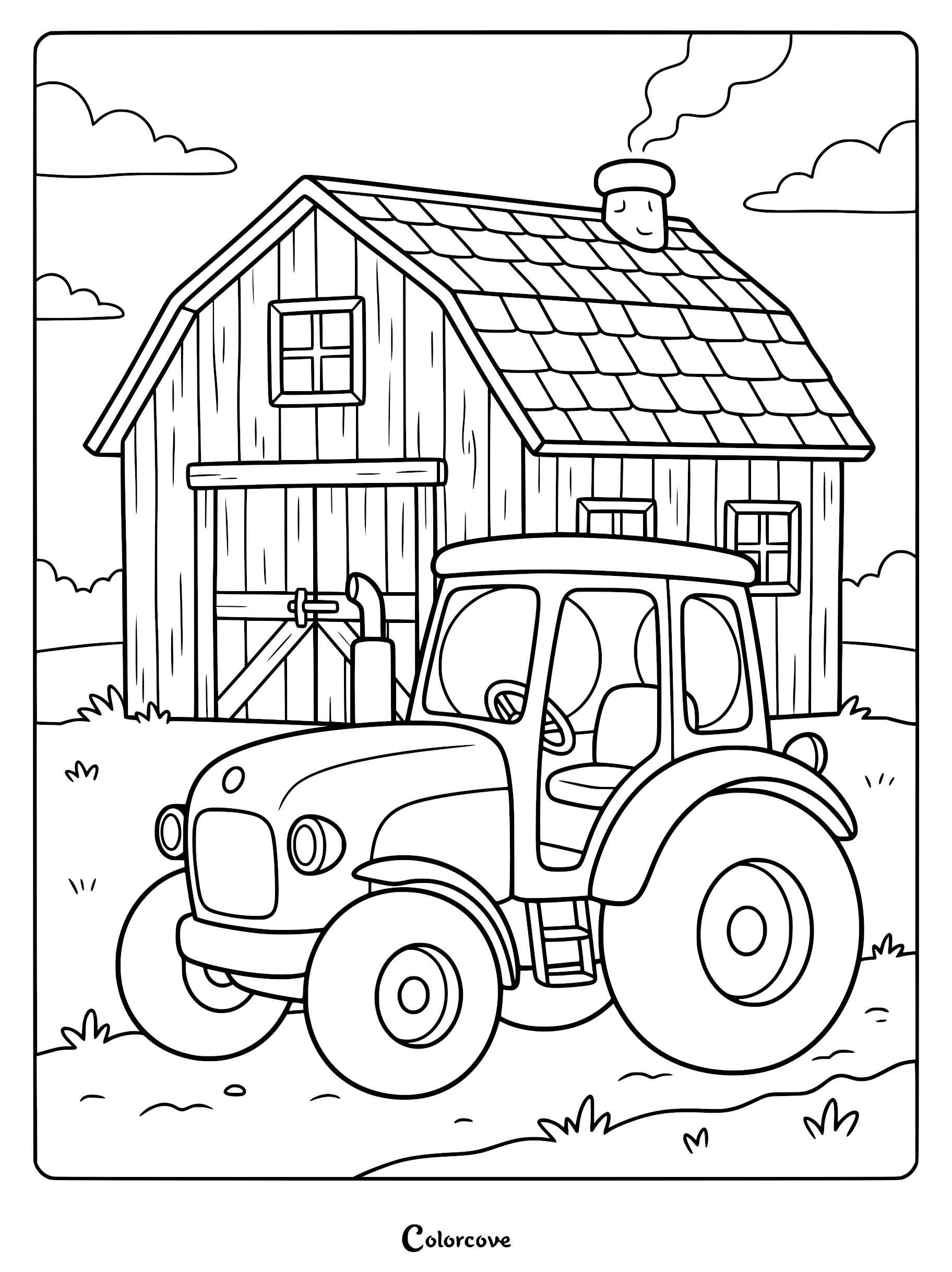 A cartoon tractor parked in front of a rustic wooden barn with a smoking chimney, presented as a printable coloring page.
