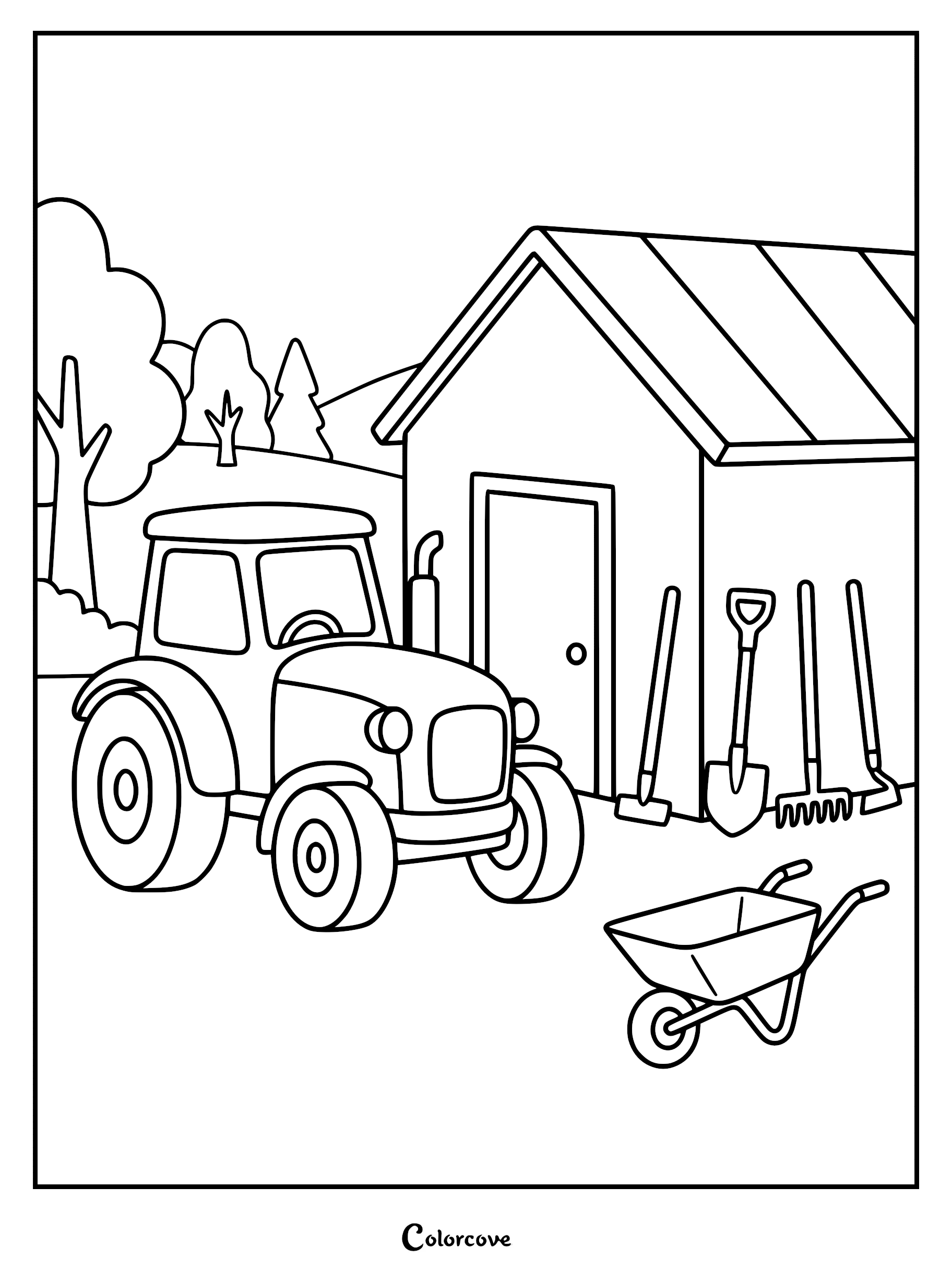 A tractor parked next to a farm shed with a wheelbarrow and garden tools in this printable coloring page.