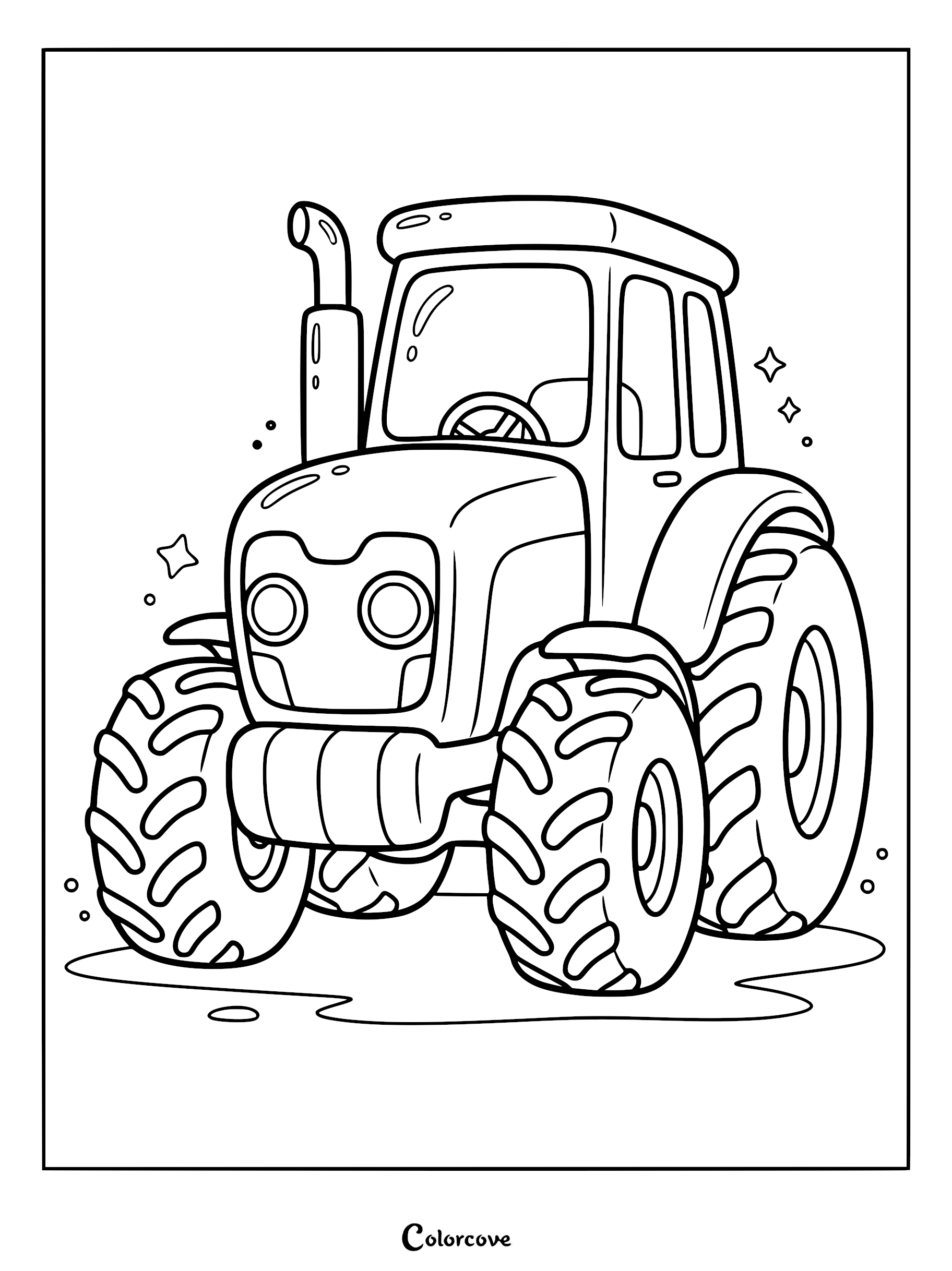 A cute cartoon tractor with large tires and a smiling face on a coloring page.