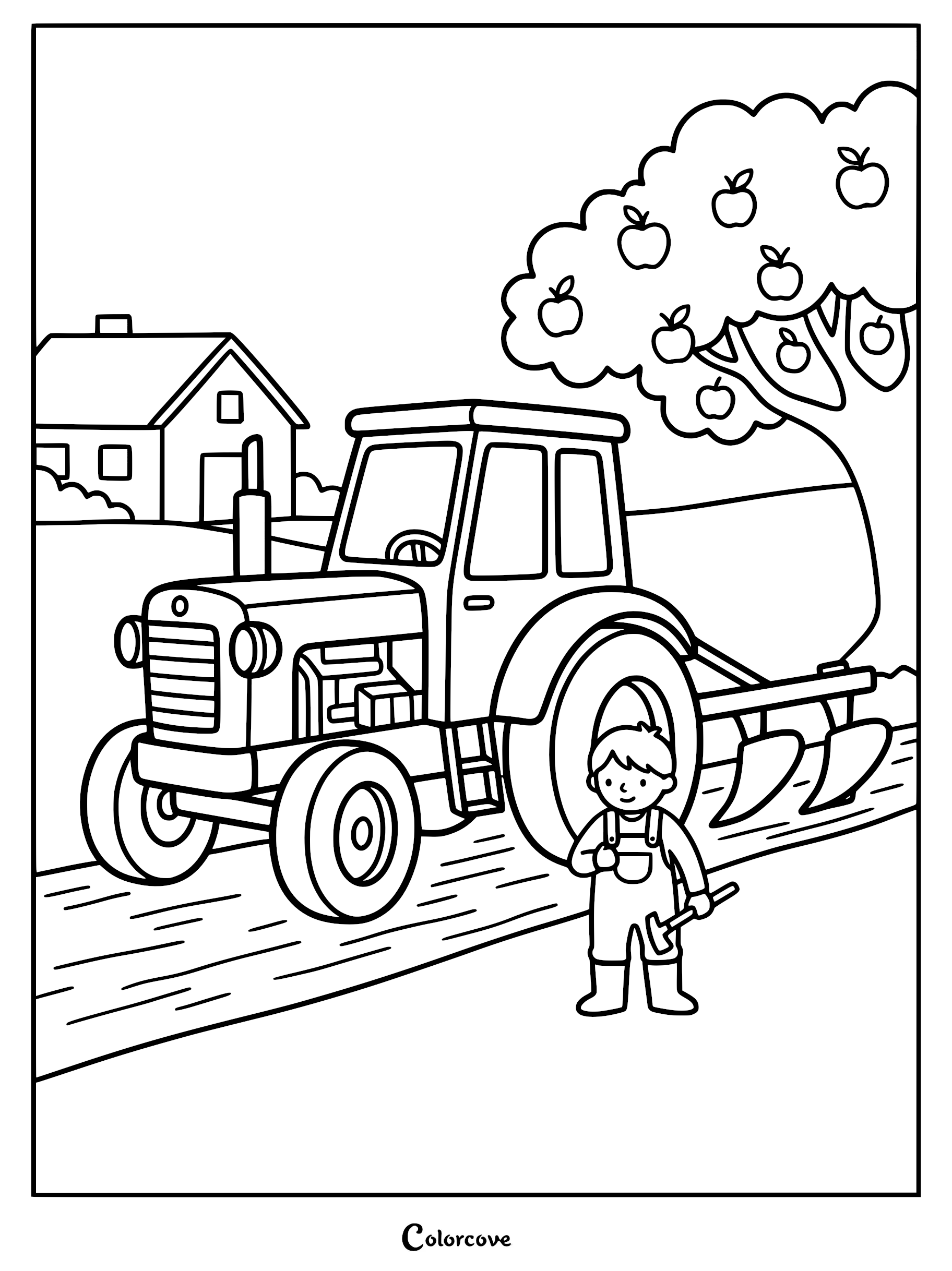 A young farmer standing next to a tractor in an orchard, printable coloring page.