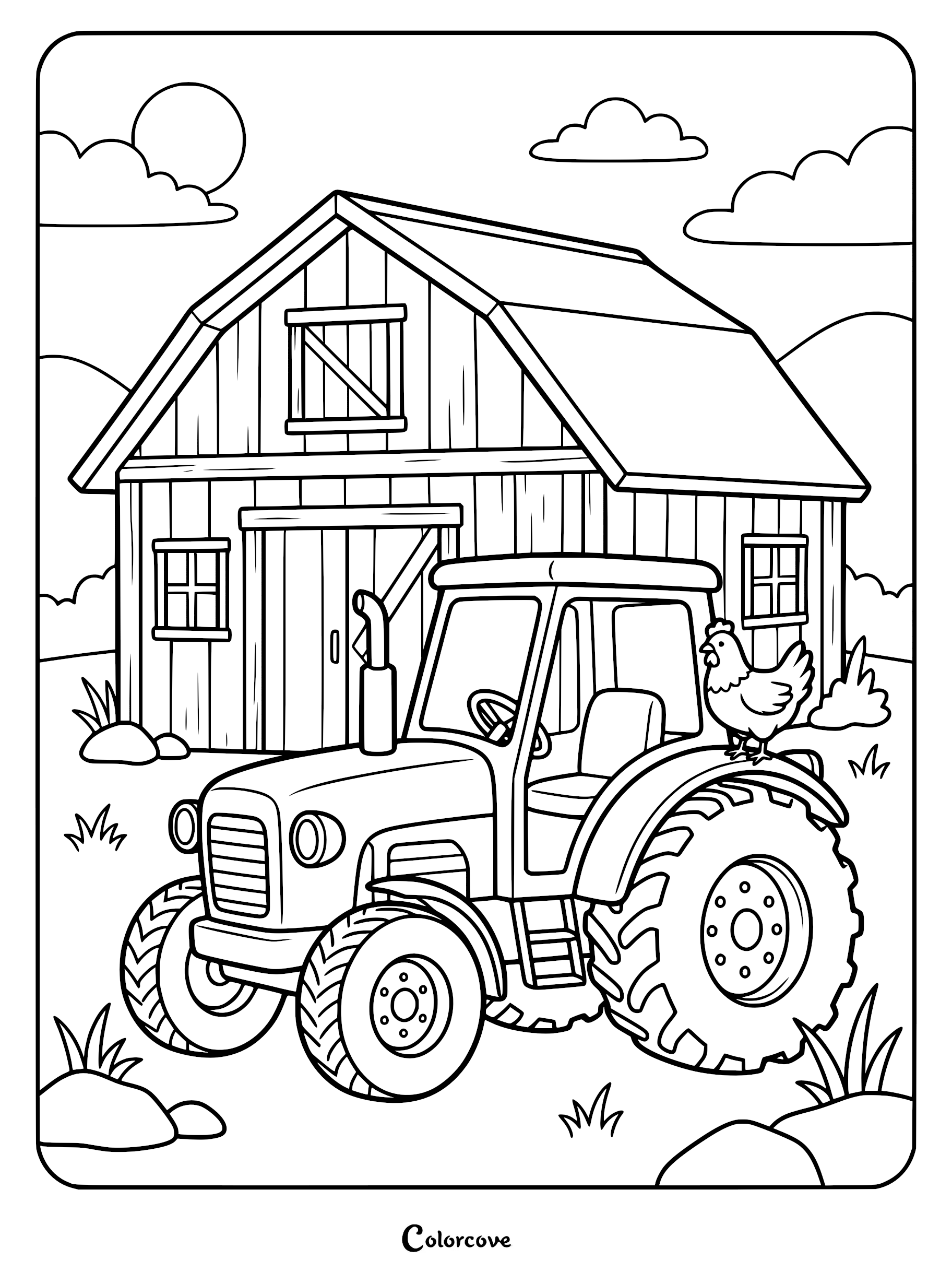 A tractor parked in front of a wooden barn with a chicken perched on the rear tire in this printable coloring page.