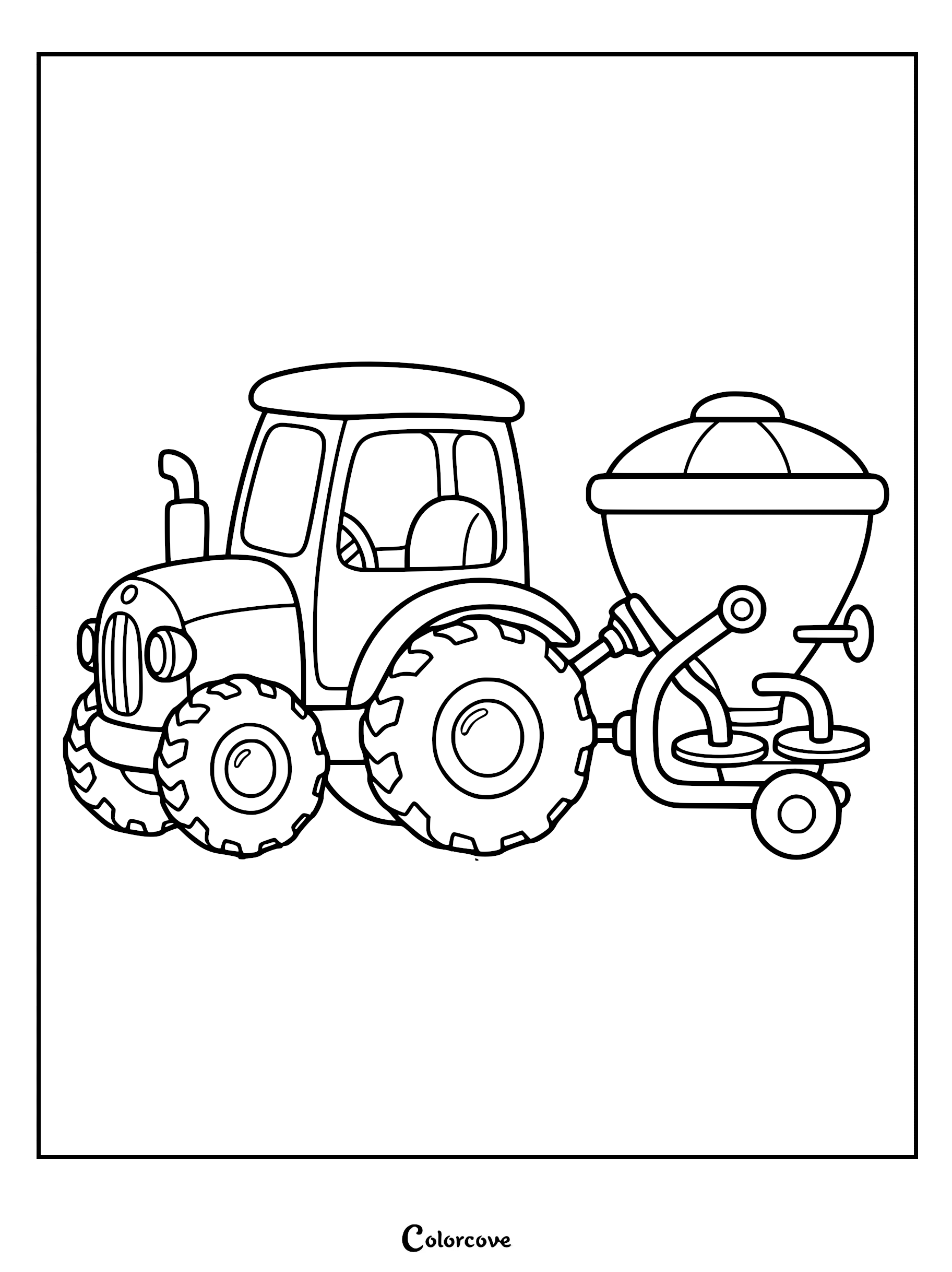 A simple line art coloring page of a farm tractor pulling a large fertilizer spreader attachment with wheels.