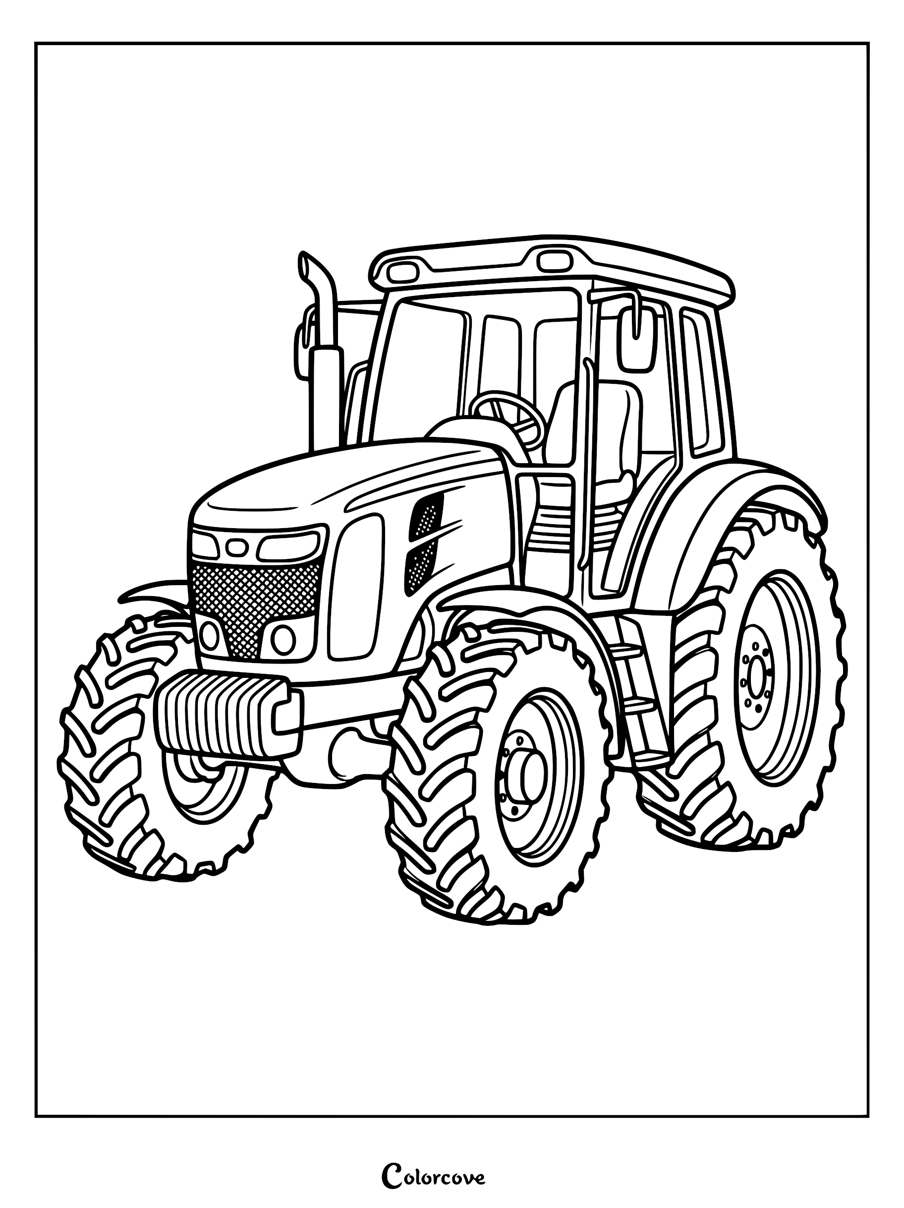 A detailed coloring page featuring a modern farm tractor with large treaded tires, a front grille, and an enclosed cabin.