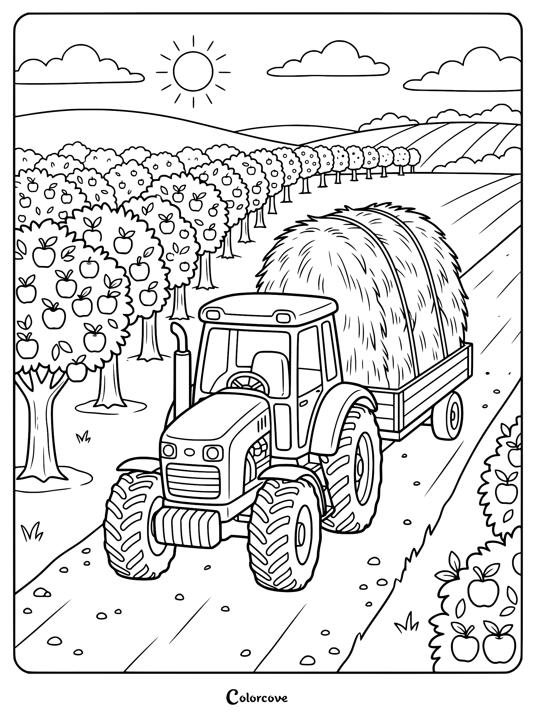 A tractor pulling a trailer full of hay through an apple orchard coloring page.