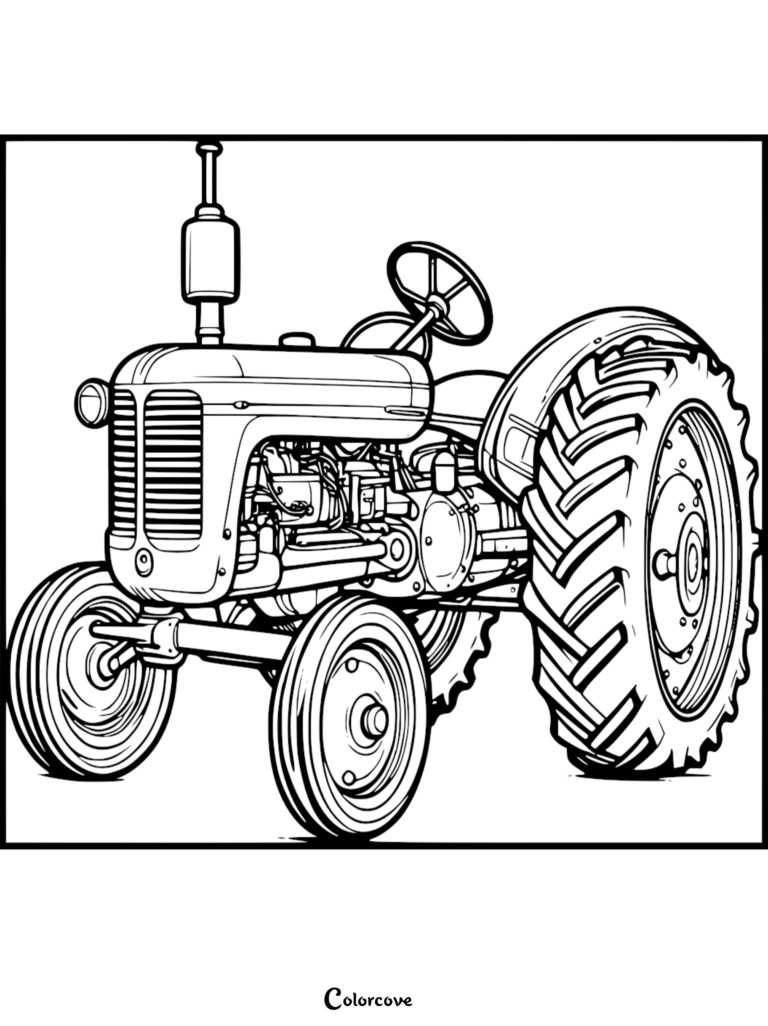 A detailed vintage farm tractor coloring page featuring large treaded rear tires, a vertical exhaust pipe, and a steering wheel.
