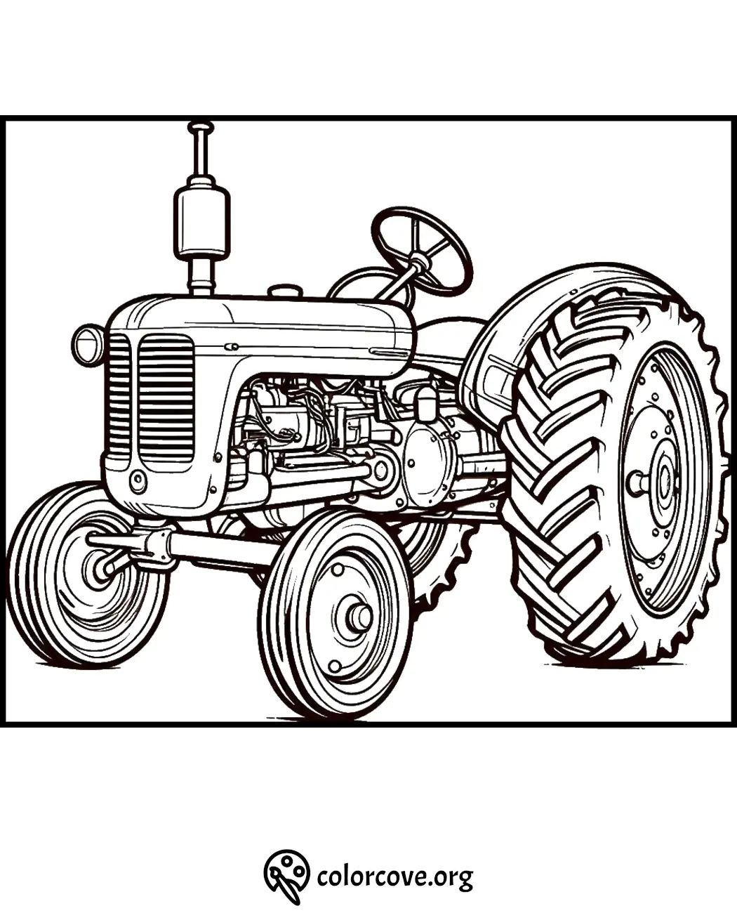 Vintage tractor coloring page with detailed line art and large wheels for kids and adults.