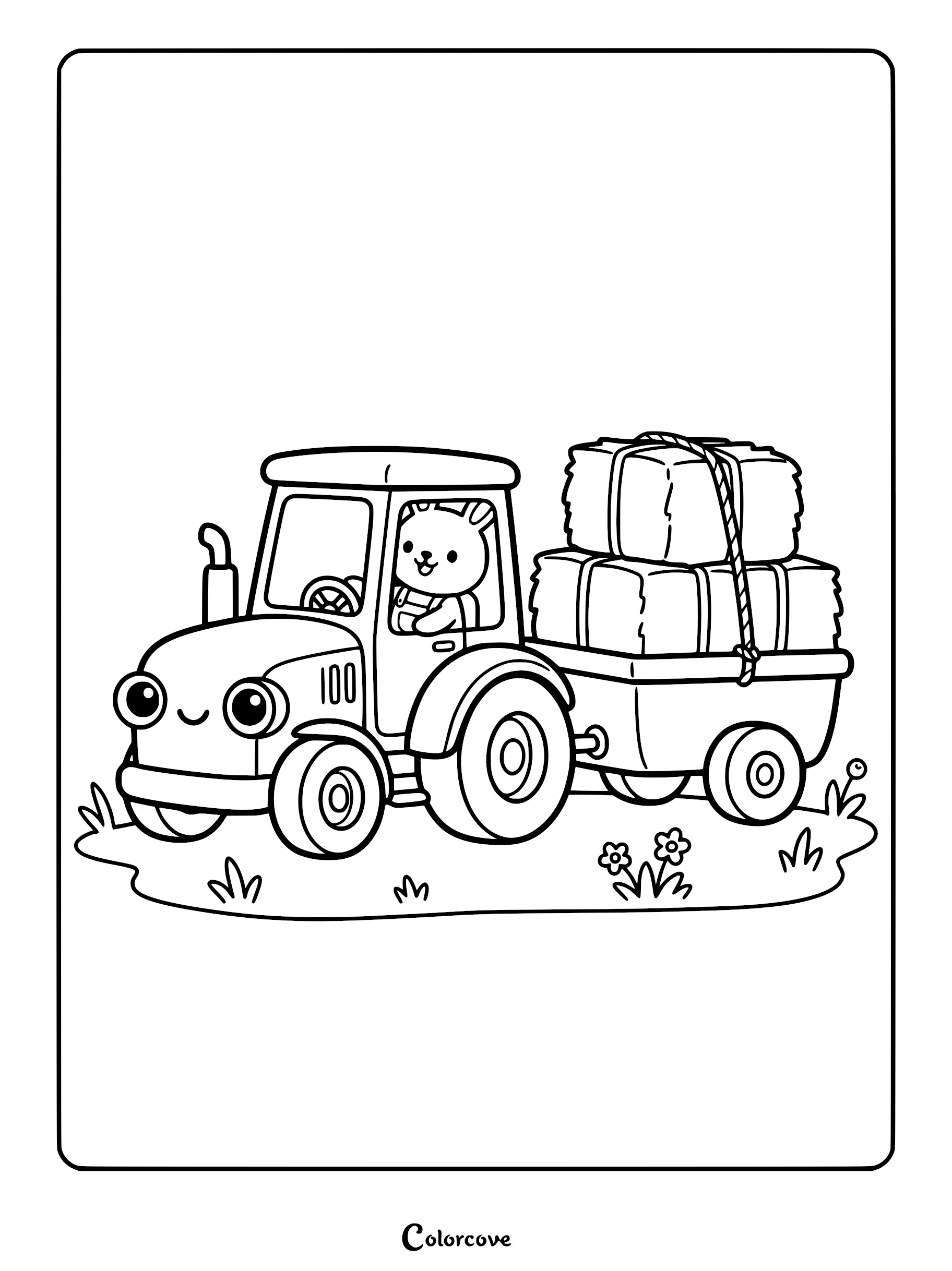 A cute bunny driving a smiling tractor pulling a trailer filled with hay bales in this printable coloring page.