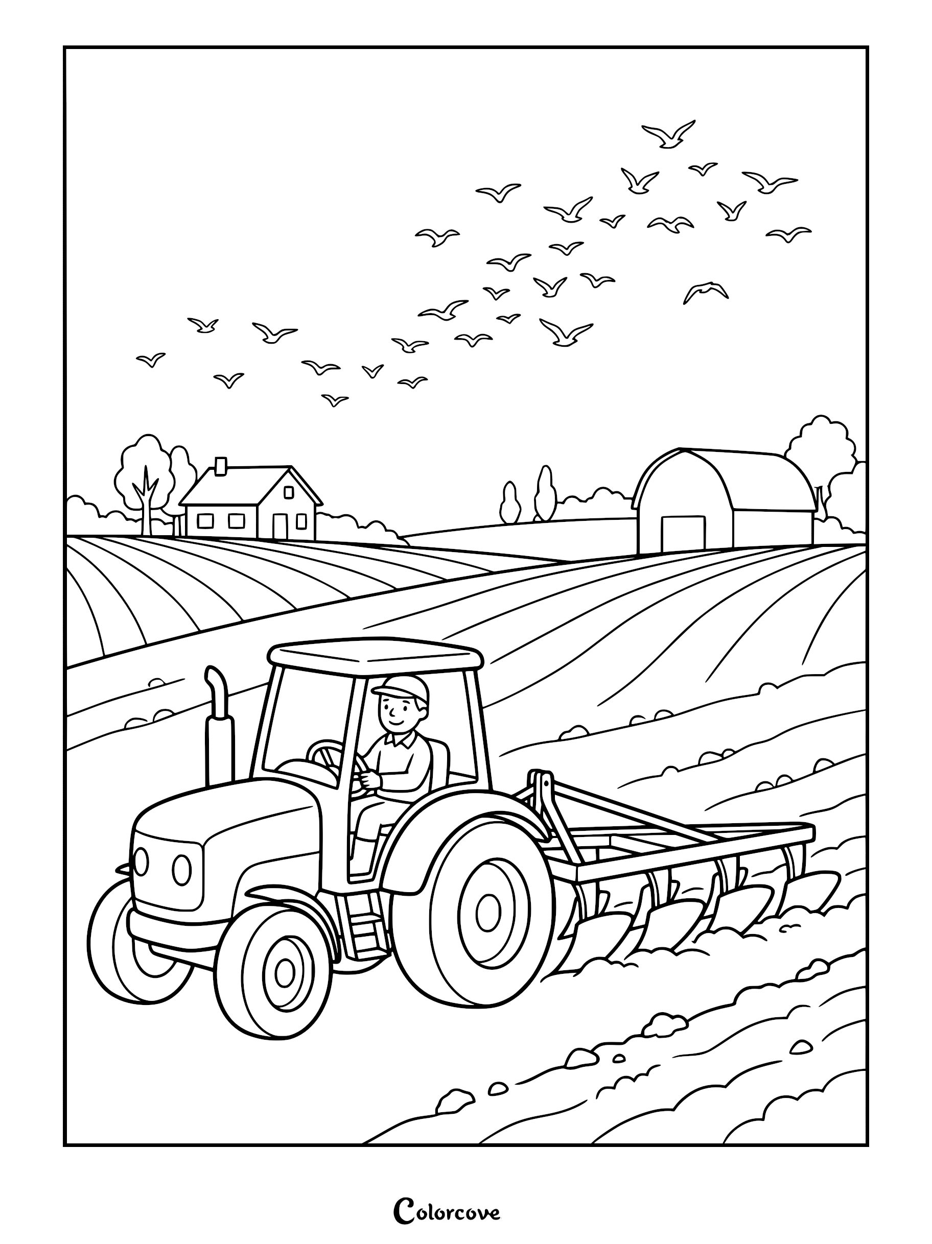 A farmer driving a tractor pulling a plow through a field with a farmhouse and birds in the sky on this coloring page.