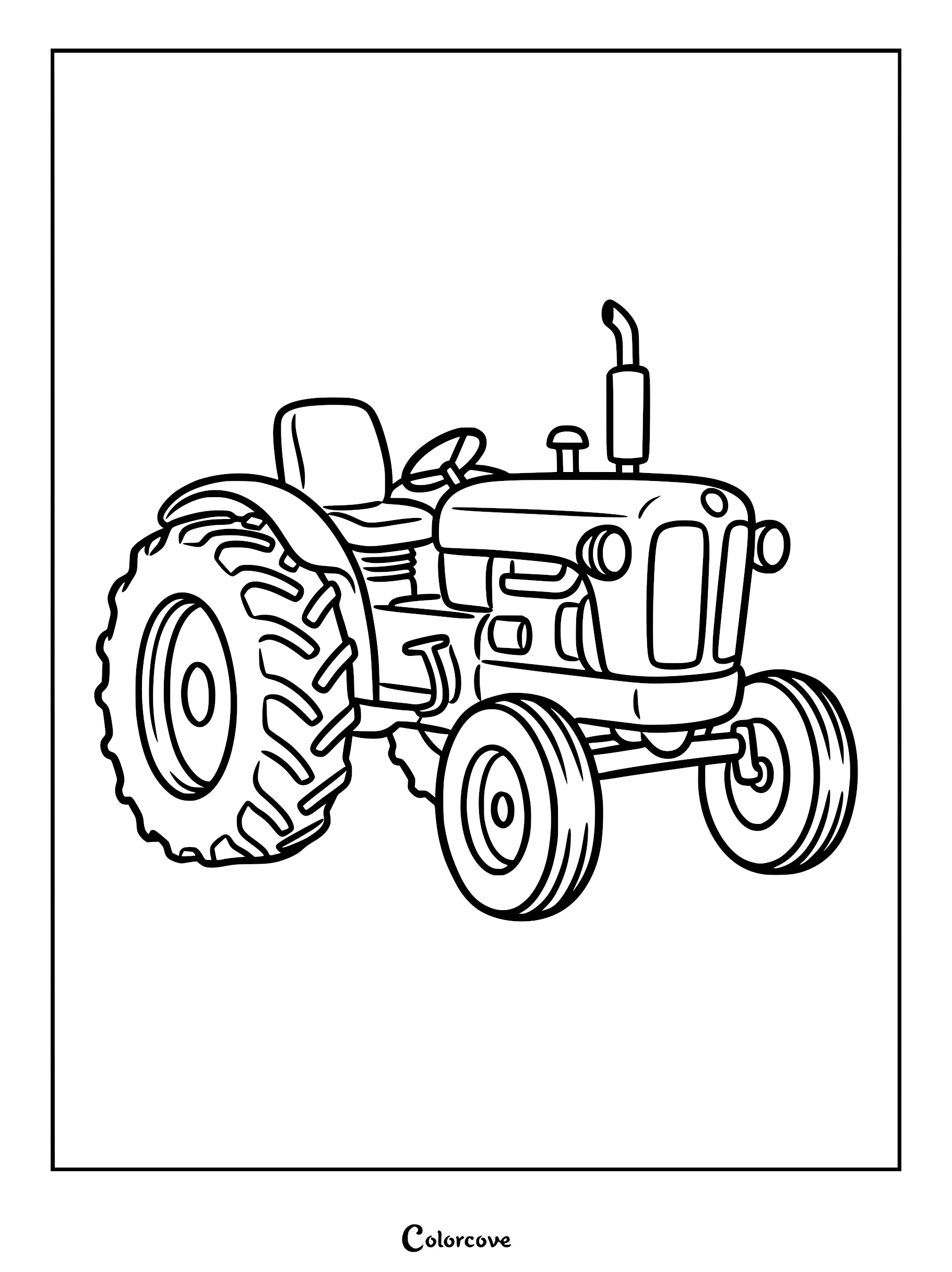 A simple line art coloring page of a vintage farm tractor with large rear tires and a vertical exhaust pipe.