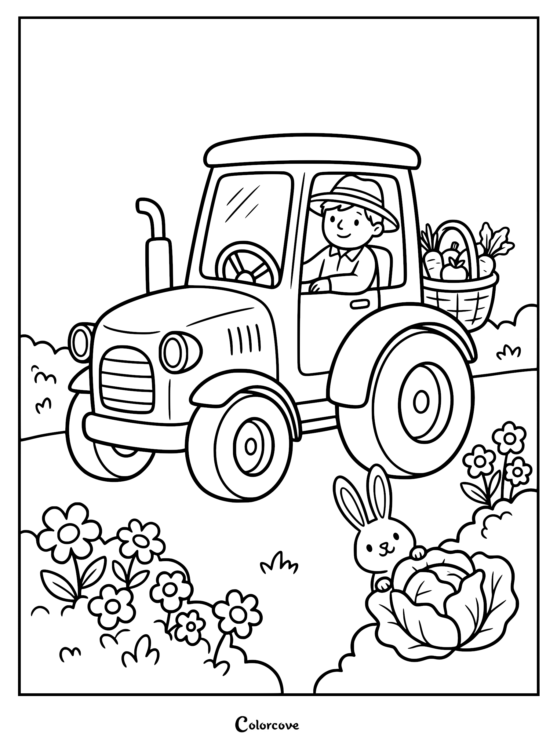 A smiling farmer in a hat driving a tractor with a basket of vegetables, while a cute bunny sits near a cabbage in this coloring page.