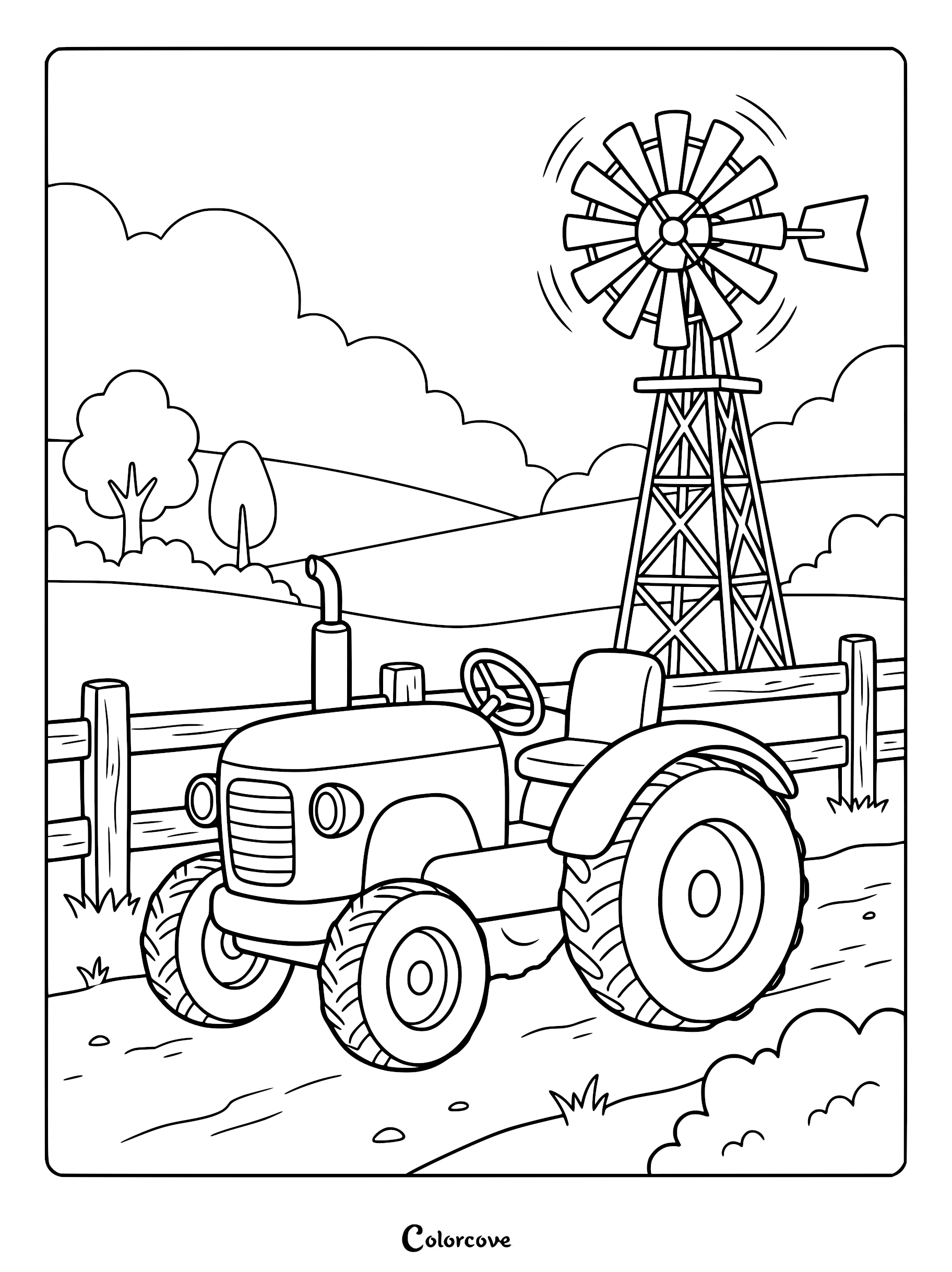 A classic farm tractor parked on a dirt path next to a wooden fence and a spinning windmill coloring page.