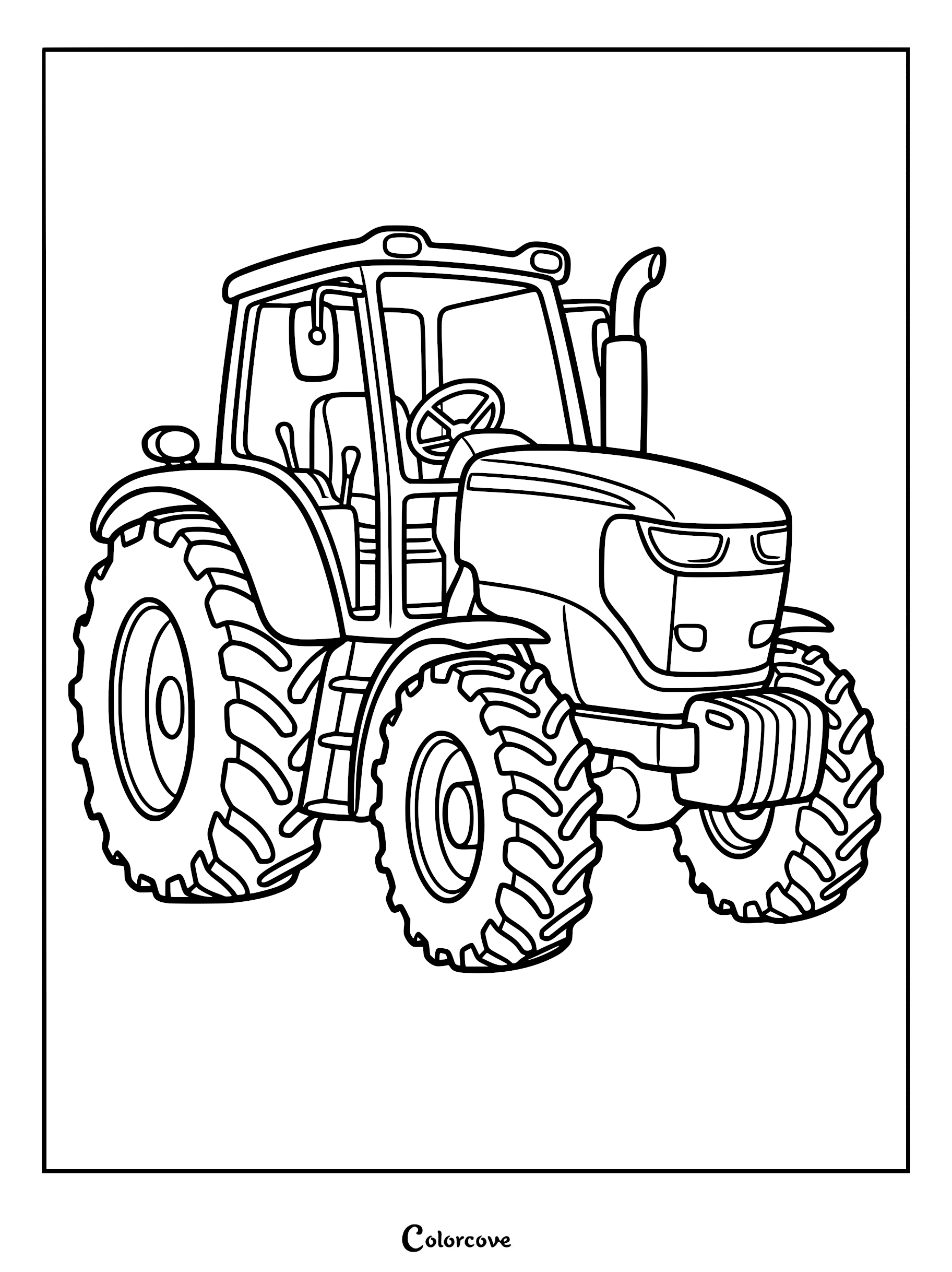 A detailed line art coloring page of a modern farm tractor with large treaded tires and an exhaust pipe.