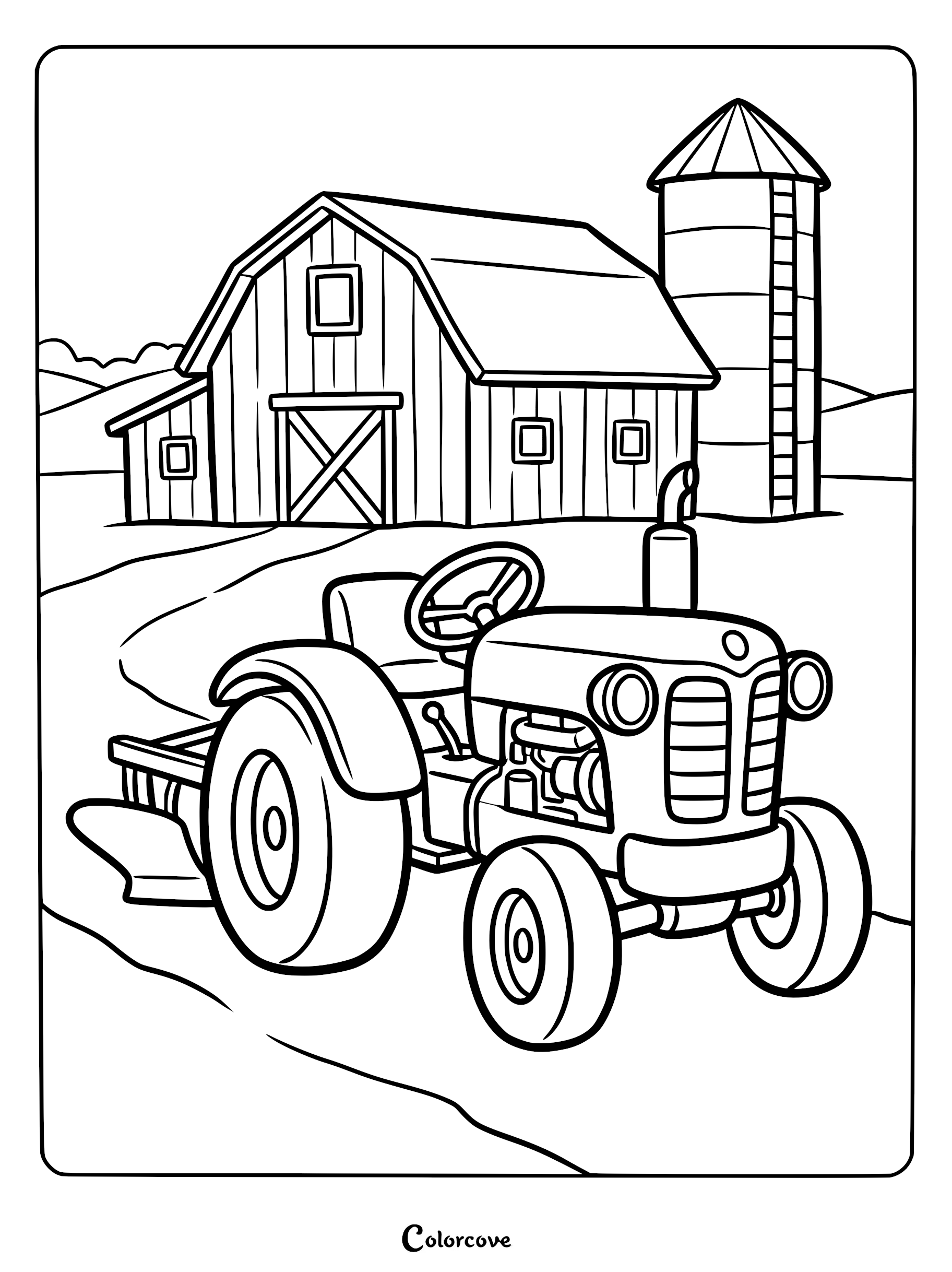 A vintage tractor with a plow parked on a dirt path in front of a wooden barn and silo coloring page.