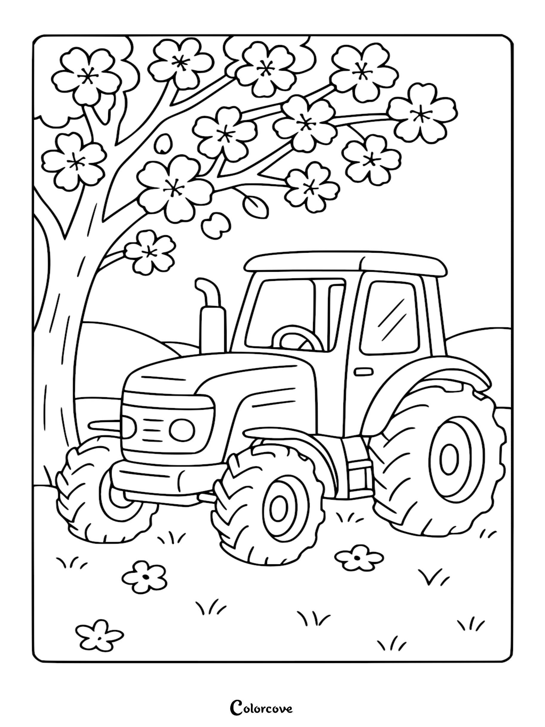 A tractor parked in a field under a blooming tree in this printable coloring page.
