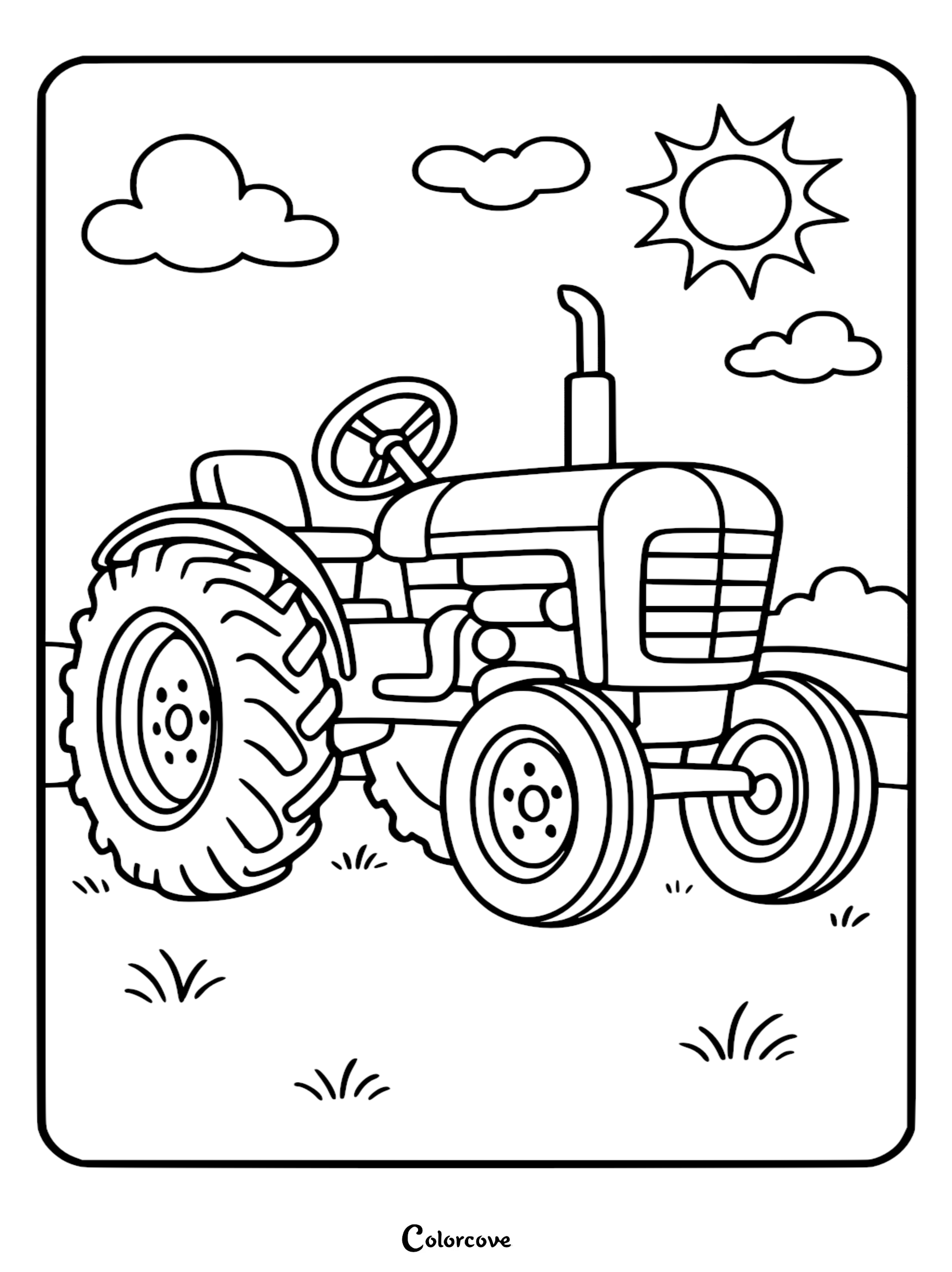 A classic farm tractor with large rear tires and a smokestack in a sunny field, presented as a printable coloring page.