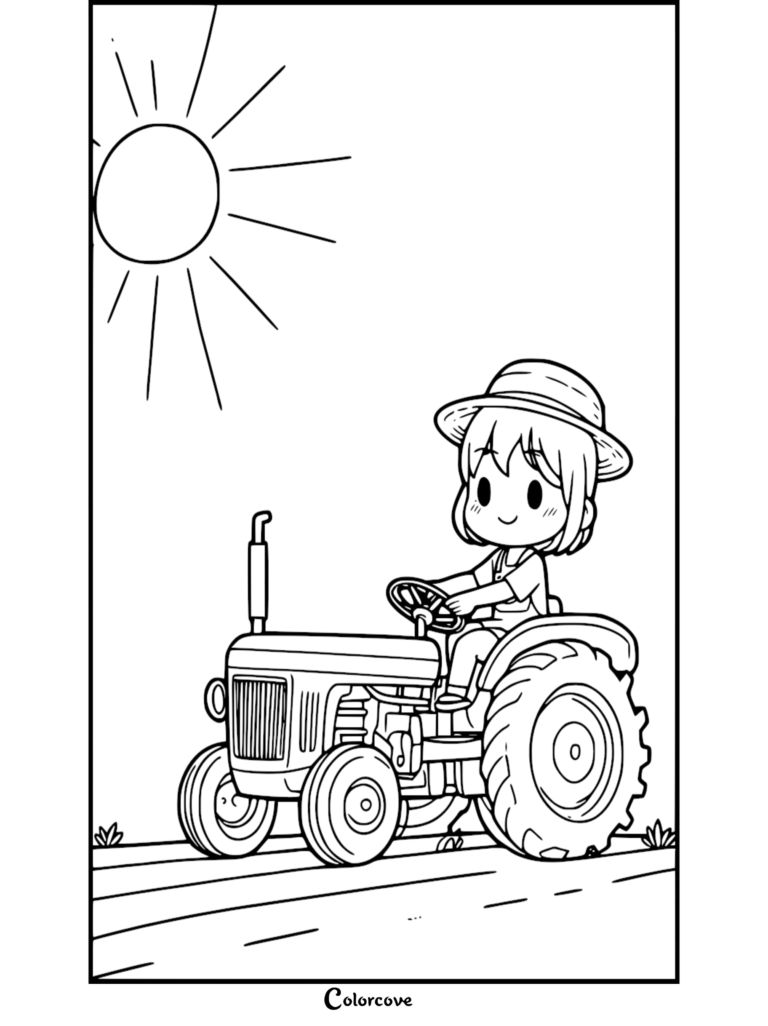 Chibi girl wearing a straw hat driving a vintage tractor on a sunny day coloring page