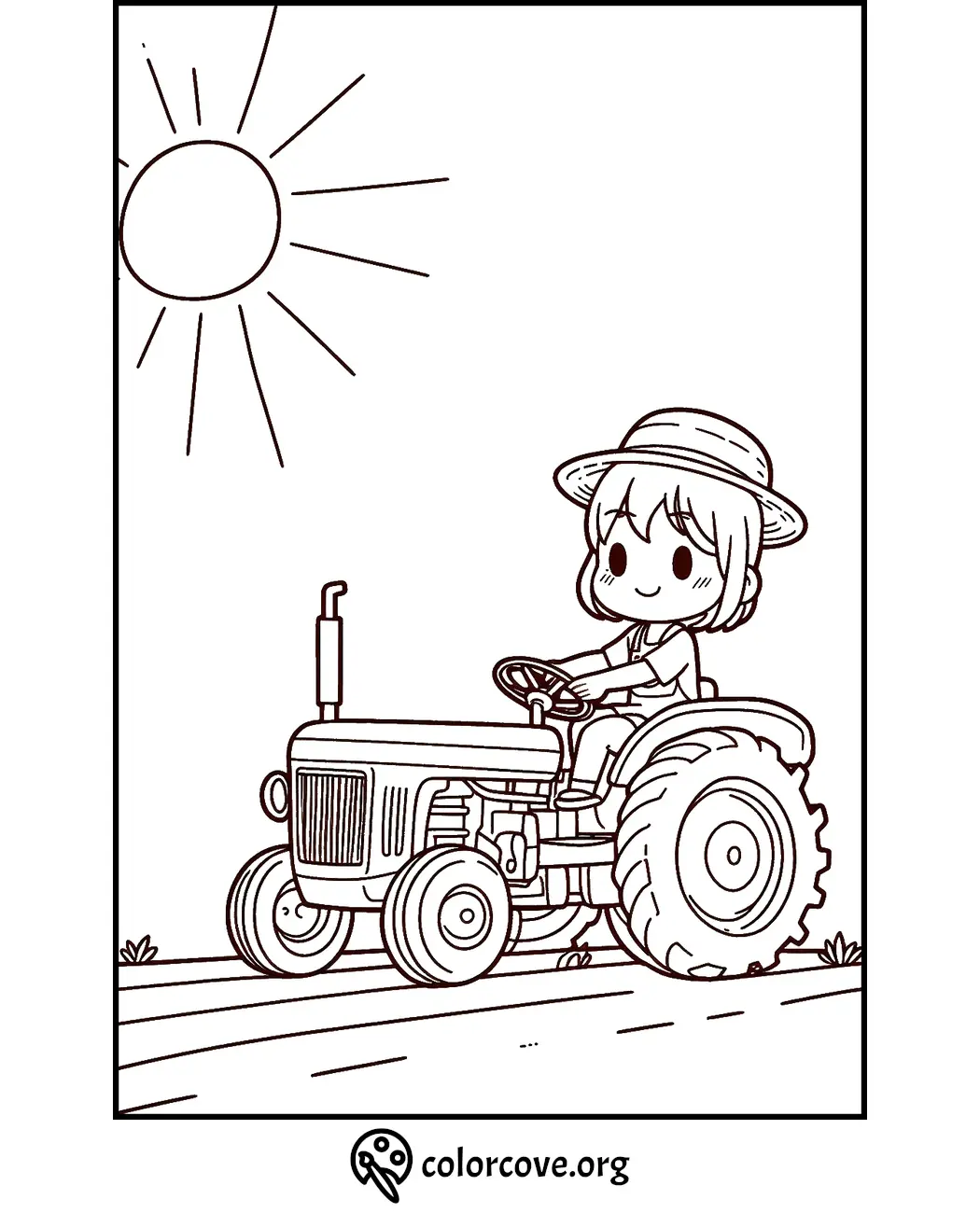 Cute kid driving tractor under the sun coloring page. Perfect for children's farm-themed activities.