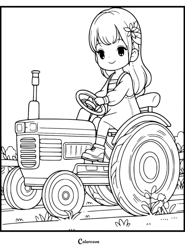 A cute anime-style girl with a flower in her hair driving a farm tractor, coloring page illustration.
