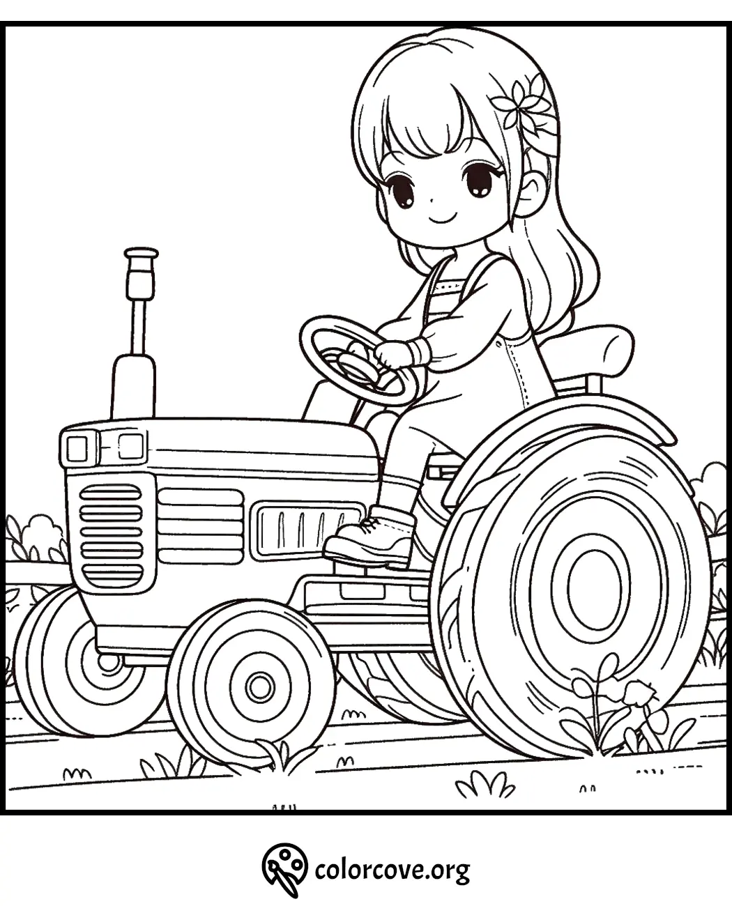 Cute girl driving a tractor coloring page, perfect for kids' farm-themed activities and creative fun.