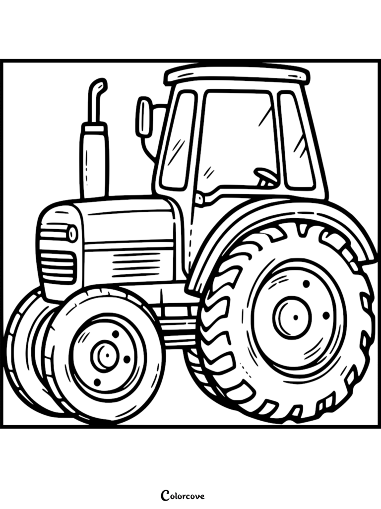A black and white coloring page of a farm tractor with large rear tires and a vertical exhaust pipe.