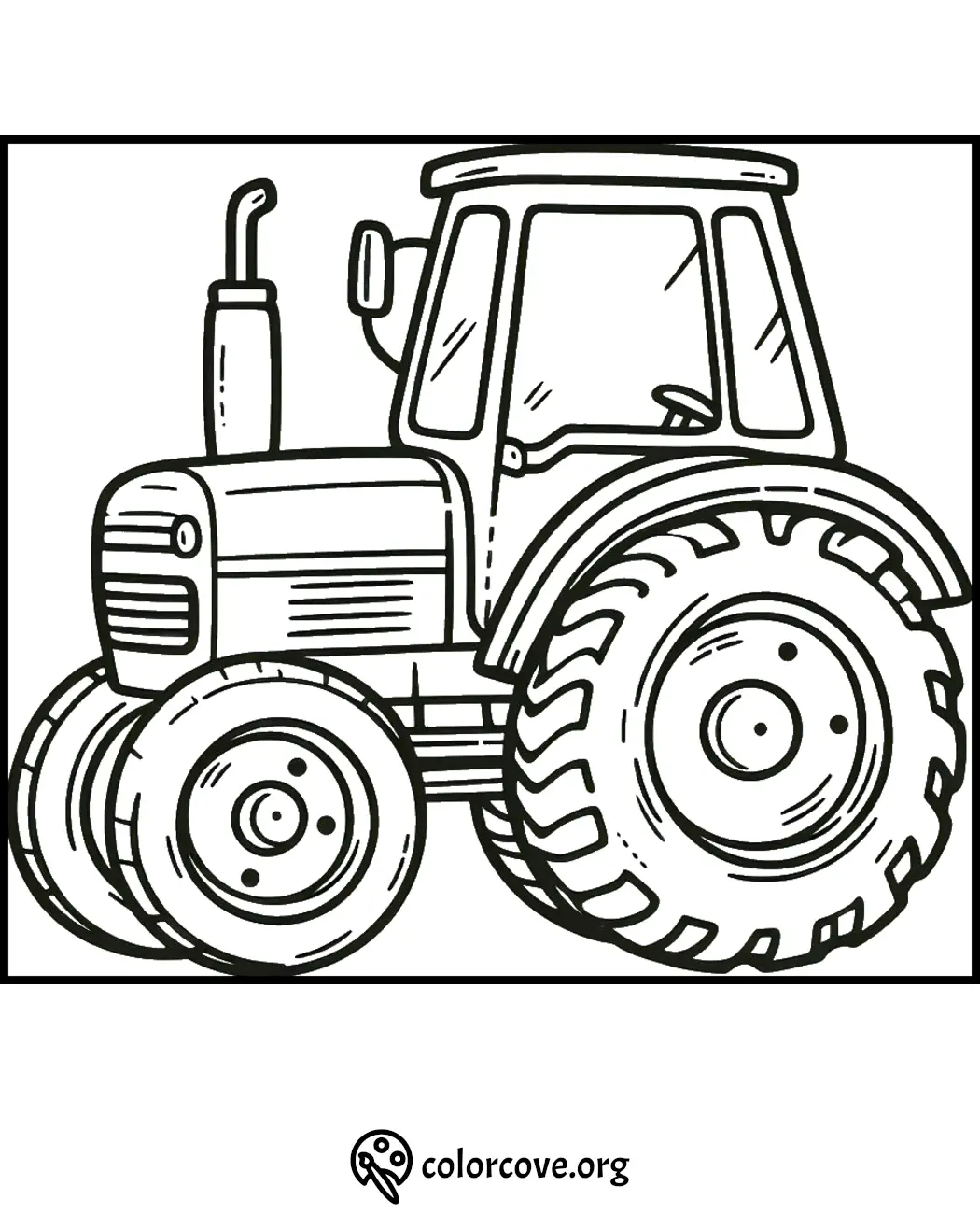 Tractor coloring page for kids featuring detailed wheels and cabin line art. Perfect for farm-themed coloring fun.