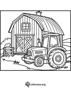 Tractor in front of a barn coloring page for kids, featuring a rural farm scene.