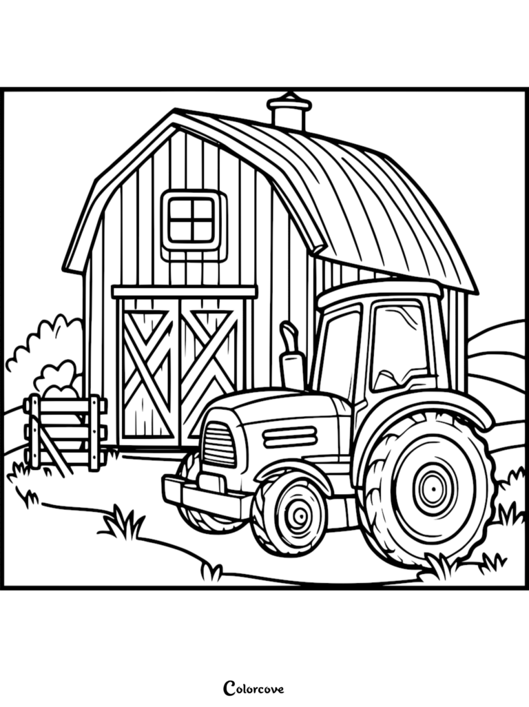 A sturdy farm tractor parked in front of a rustic wooden barn, featured in a printable coloring page.