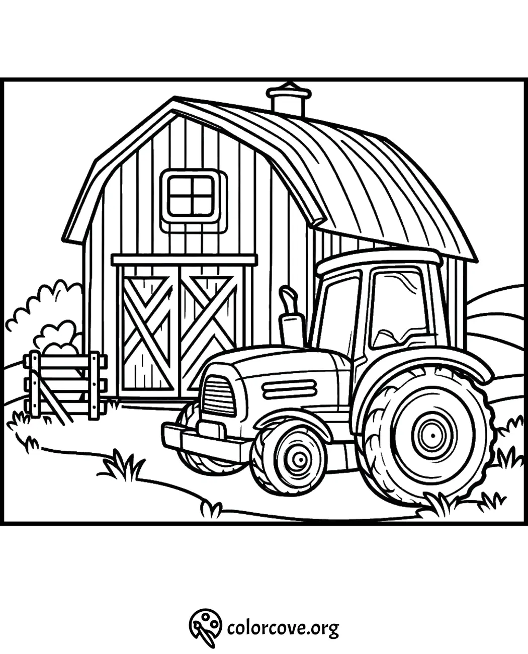 Tractor in front of a barn coloring page for kids, featuring a rural farm scene.