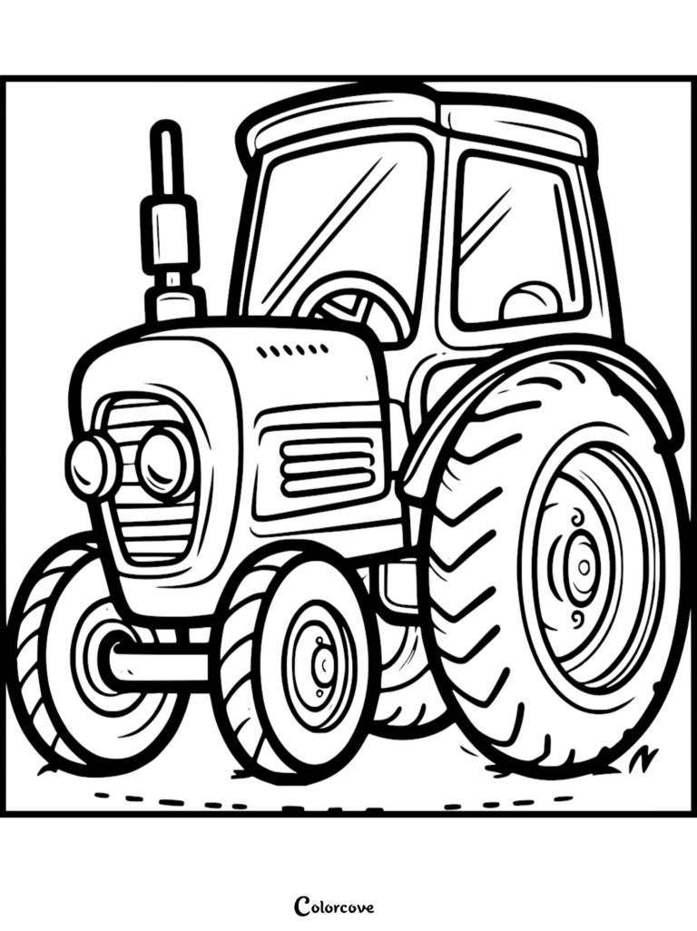 A simple black and white coloring page featuring a classic farm tractor with large rear tires and a vertical exhaust pipe.