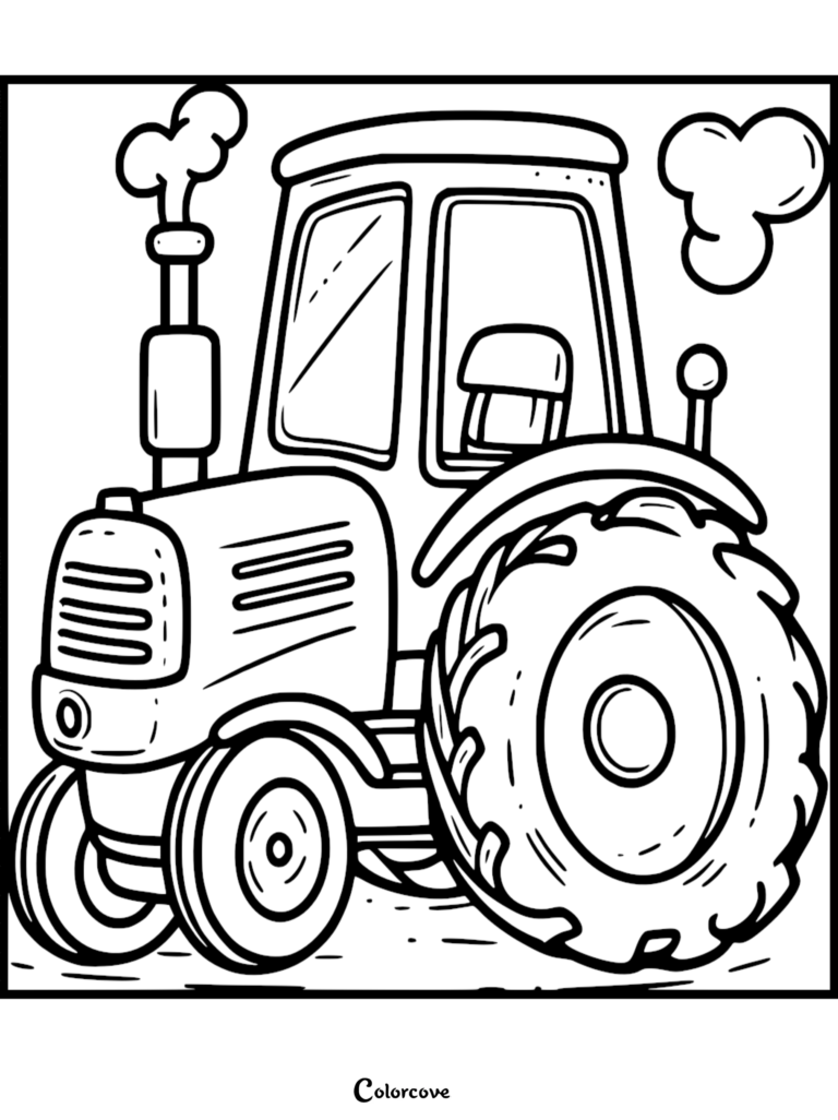A simple line art coloring page of a farm tractor with large rear tires and smoke puffing from the exhaust pipe.