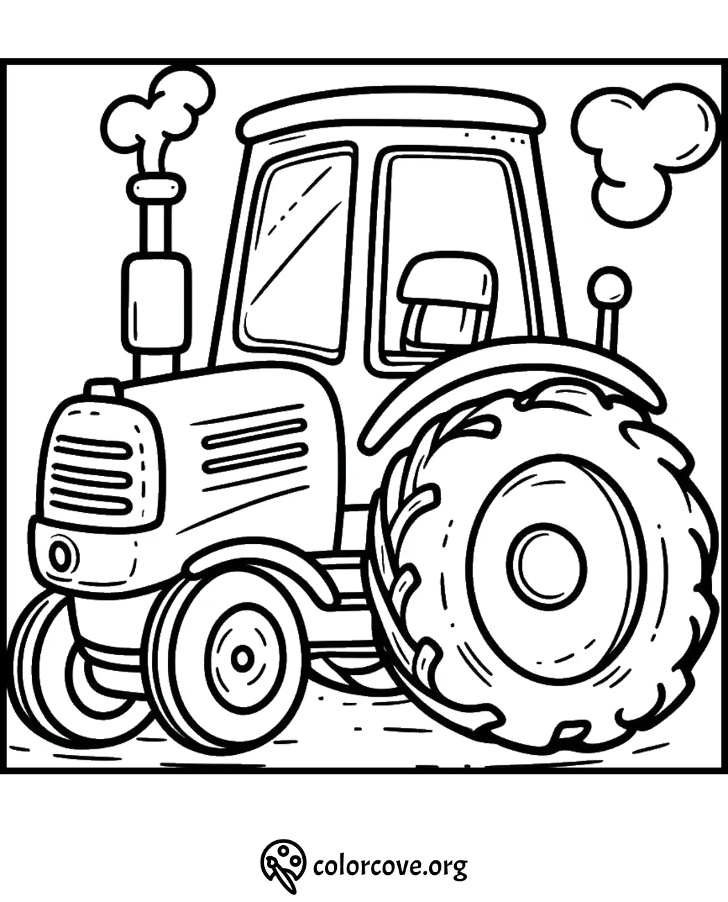 Tractor coloring page for kids, featuring a classic farm vehicle with large wheels and smoke puffs.