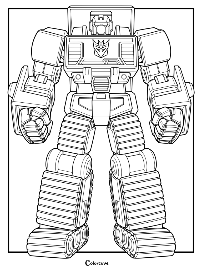 Coloriage de Bonecrusher Génération 1 mettant en scène le robot Constructicon Decepticon dans un dessin au trait noir et blanc détaillé