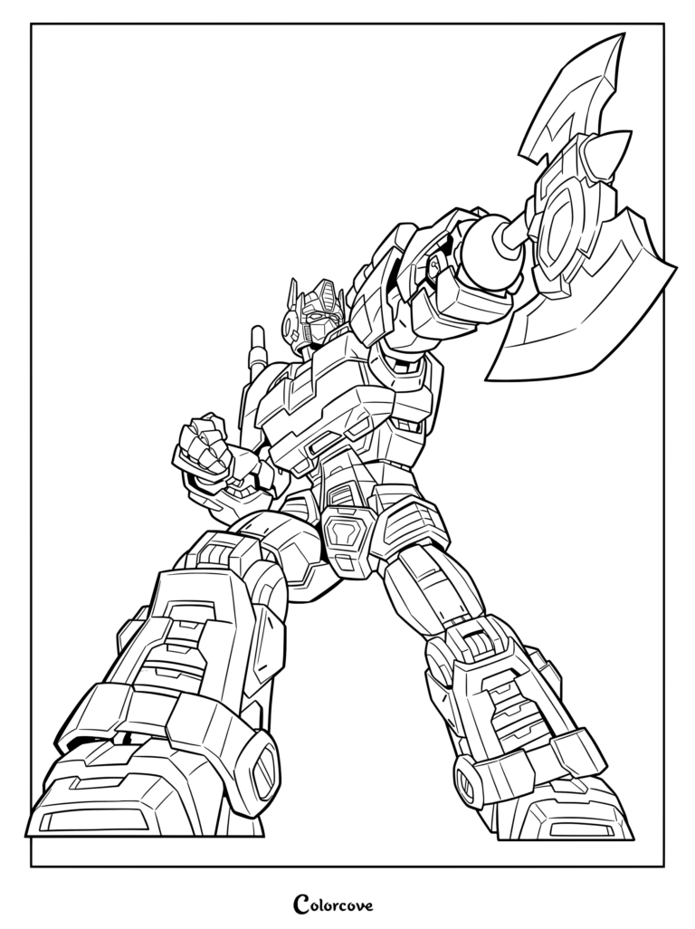 Page de coloriage d'Optimus Prime du film Transformers One de 2024 avec son arme hache d'énergon