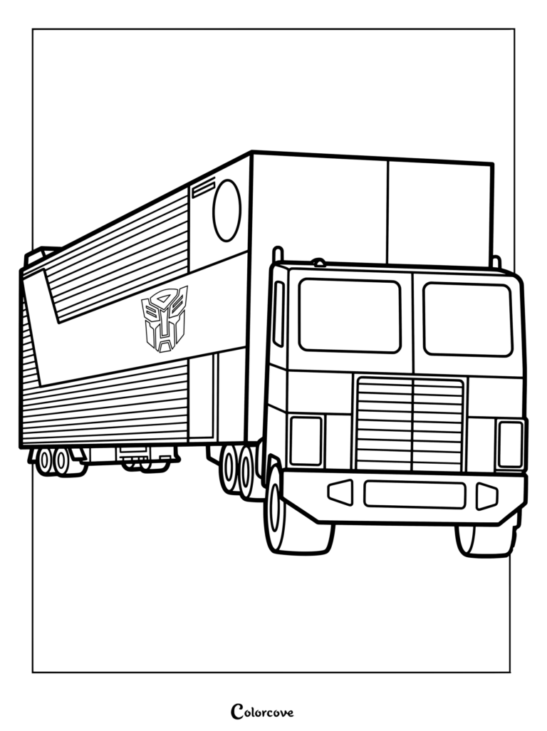 Page de coloriage d'Optimus Prime de la série TV Transformers dans son mode véhicule semi-remorque rouge et bleu emblématique