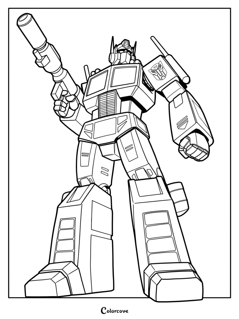 Optimus Prime G1 tenant un canon blaster dans ce coloriage gratuit à imprimer