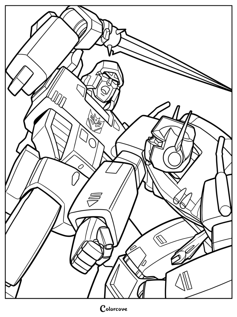 Page de coloriage du duel Optimus vs Megatron montrant les deux Transformers rivaux affrontés dans un combat intense avec un dessin au trait détaillé.