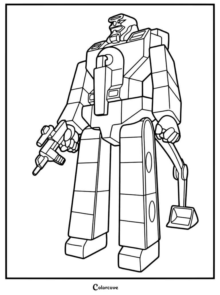 Coloriage détaillé au trait de Scavenger G1 tenant un blaster et un bras d'excavatrice