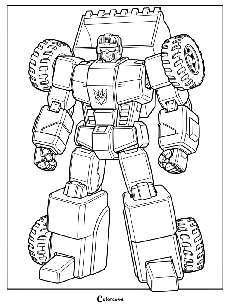 Coloriage du robot Scrapper de Transformers avec un godet de chargeuse sur le dos et de gros pneus sur les épaules