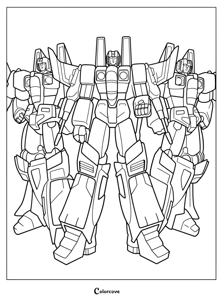 Page de coloriage au trait du Trio Seeker de la série G1 montrant trois jets Decepticons rassemblés