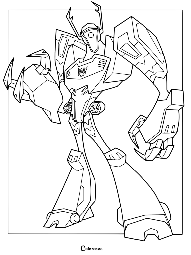 Page de coloriage de Shockwave de la série Transformers Animated, connu pour sa capacité à changer de forme et à agir comme agent double sous le nom de l'Autobot Longarm