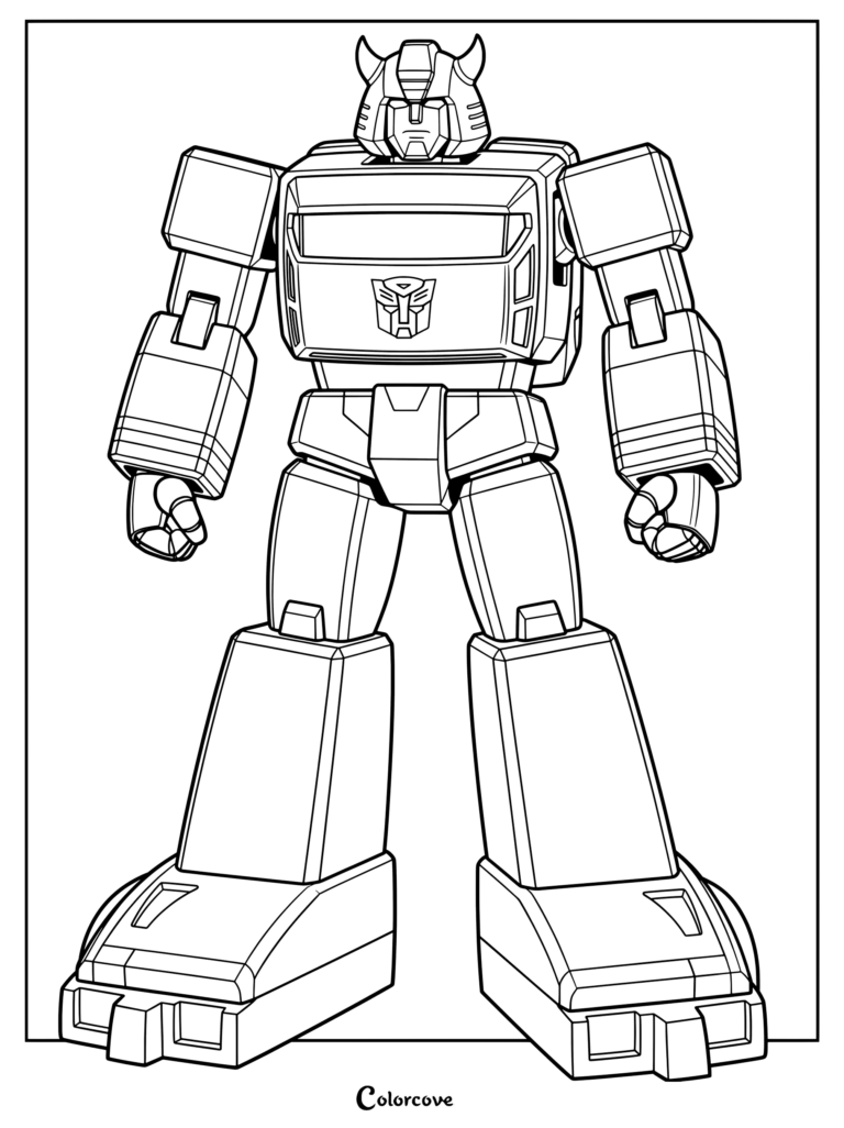 Page de coloriage de Cliffjumper G1 montrant le héros Autobot dans son mode robot classique avec sa tête à cornes caractéristique.
