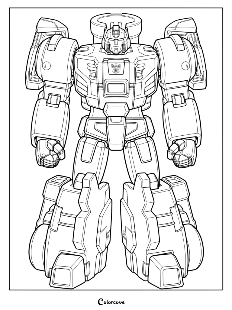 Coloriage du personnage Sludge G1 de Transformers debout en mode robot, avec une armure détaillée et l'insigne Autobot