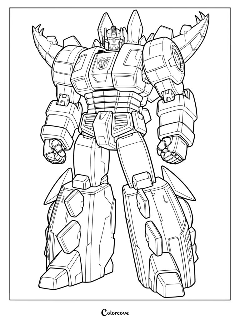 Coloriage de Snarl Génération 1 mettant en scène l'Autobot en mode robot avec ses plaques distinctives de stégosaure.