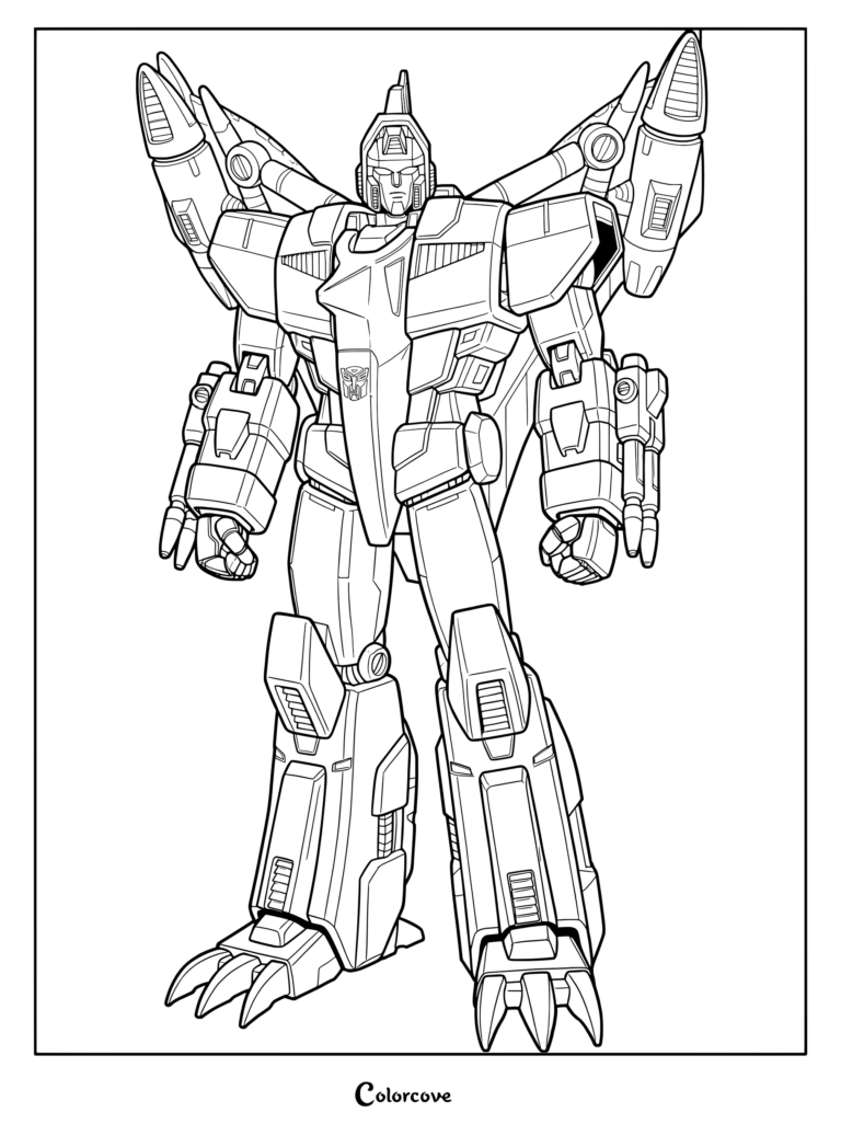 Coloriage de Swoop G1 présentant l'Autobot en mode robot avec des lance-missiles montés sur les ailes.