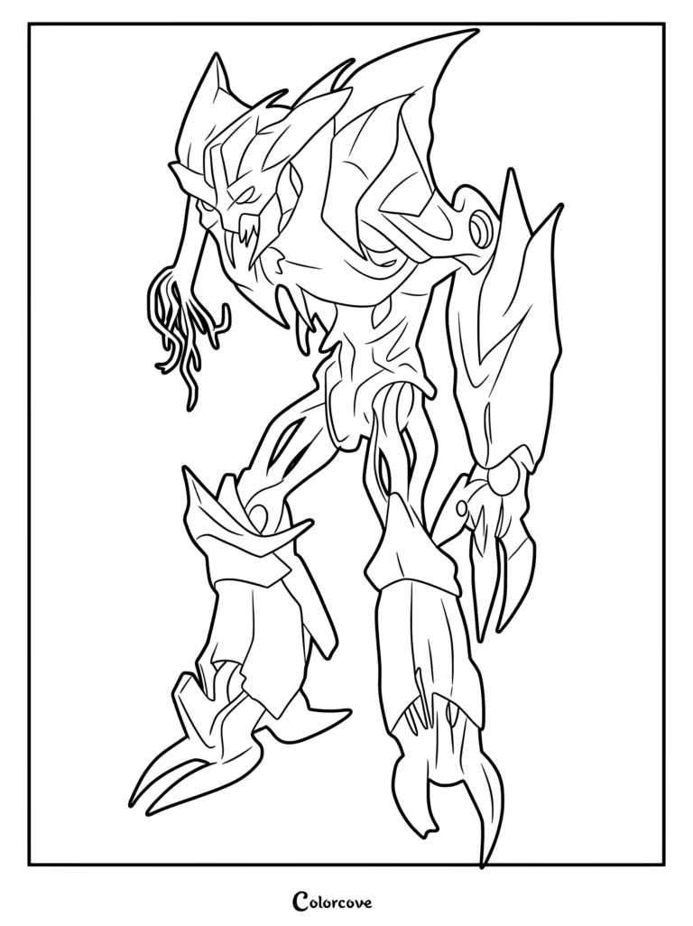 Coloriage détaillé d'un Terrorcon de Transformers avec une armure robotique et des appendices faciaux en forme de tentacules