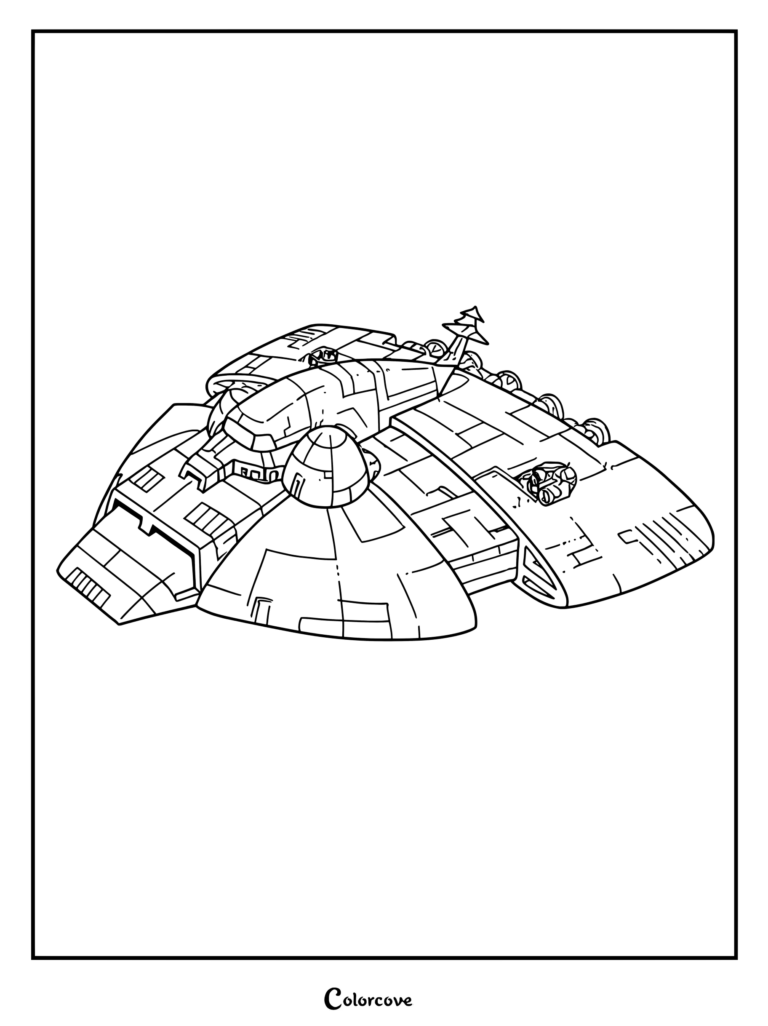 Page de coloriage détaillée avec un dessin au trait du vaisseau L'Arche de Transformers