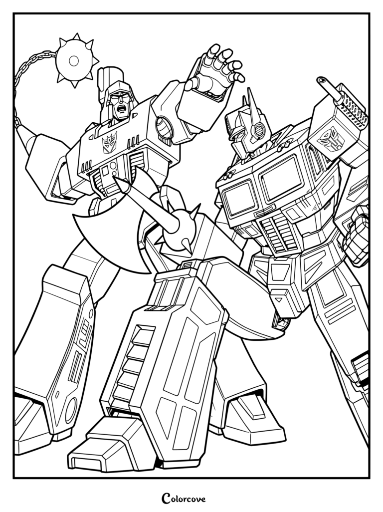Page de coloriage à imprimer d'Optimus Prime et Megatron dans un combat classique de la série Génération 1