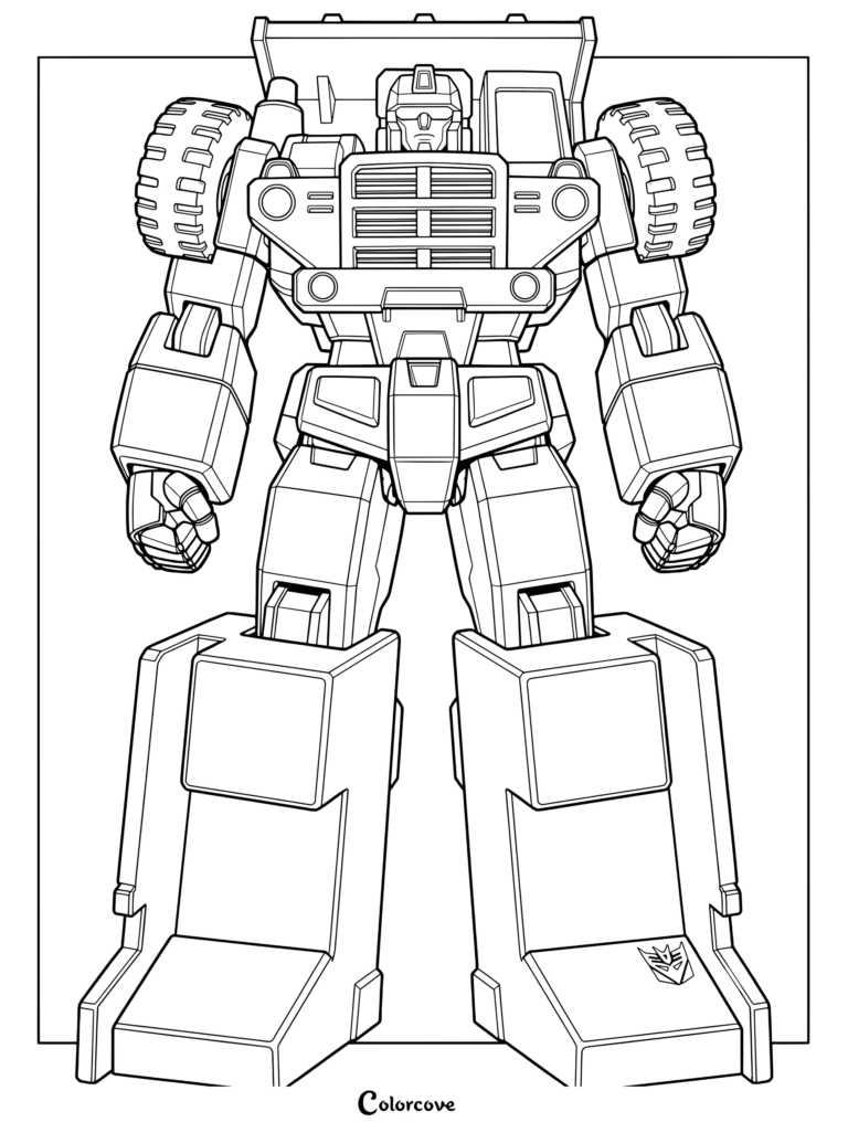 Long Haul, un Constructicon Decepticon de la première génération de Transformers, debout en mode robot sur ce coloriage à imprimer